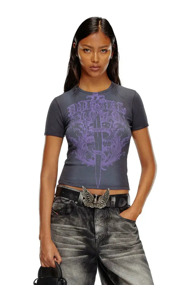 Ribbed T-Shirt With Diesel Sword Print Diesel