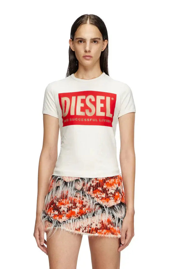 T-Shirt With Devoré Biscotto Logo Diesel