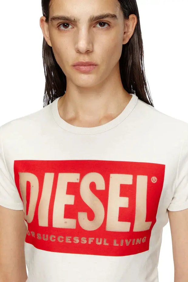T-Shirt With Devoré Biscotto Logo Diesel